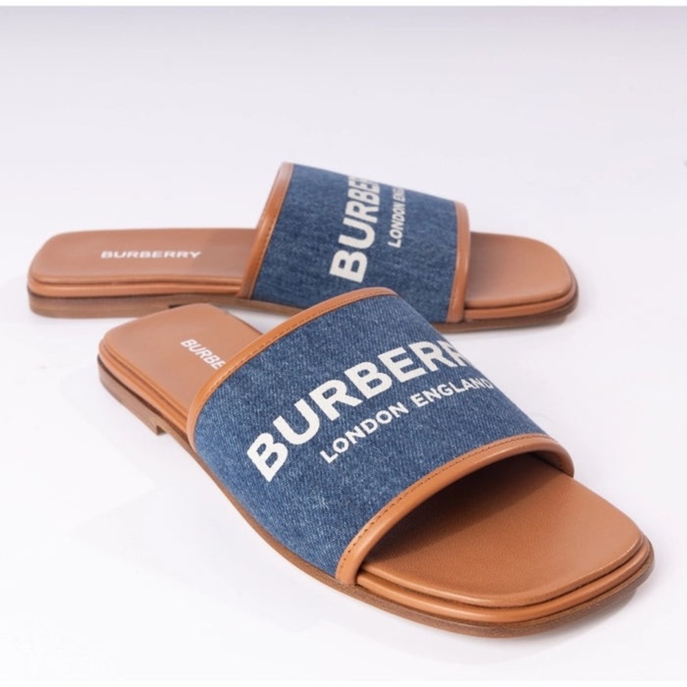 Burberry Womens Blue Slip On Slides Low Heel Laid Back Lag Sandals Quiet Luxury